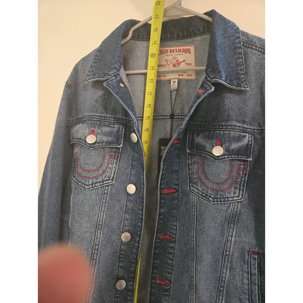 True Religion Men’s Jacket Denim with Red Stitch Printed Logo SZ M NEW